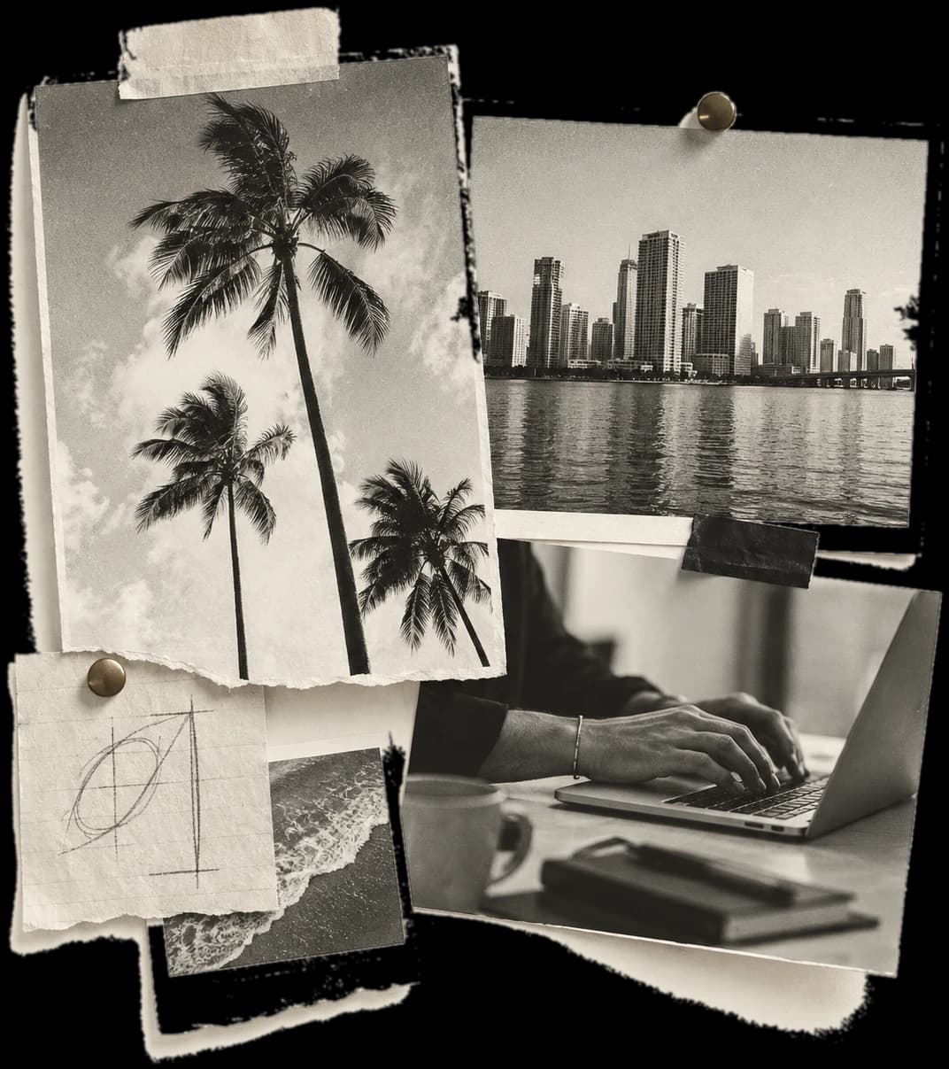 Taped photos of Miami palm trees, skyline, and working on a laptop